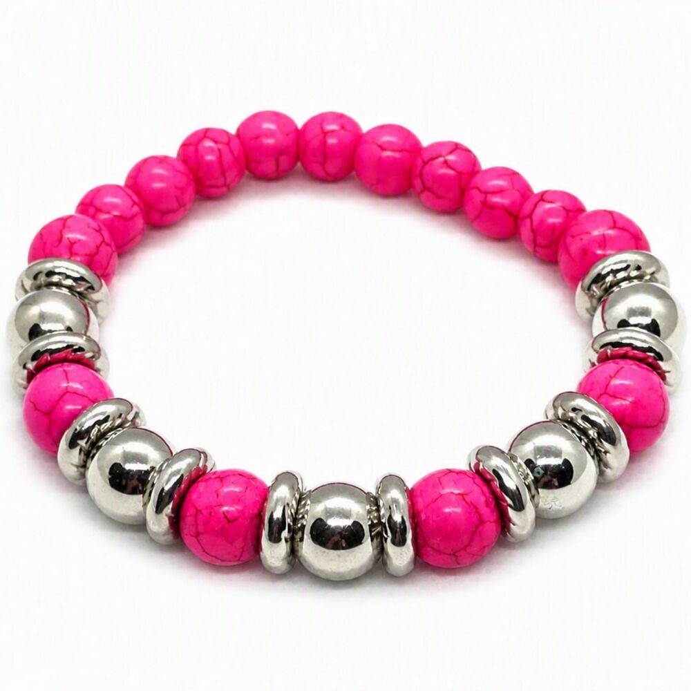 VTG Style Silver Tone Metal Pink Glass Beaded Stretch Bracelet 6.5" Adjustable